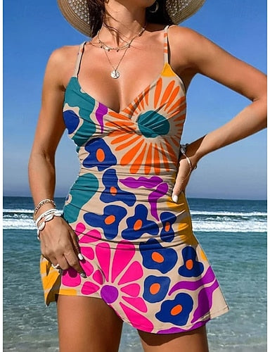 Swimwear One Piece Skirt Swimsuit Vacation Graphic V Neck Sleeveless Bathing Suits