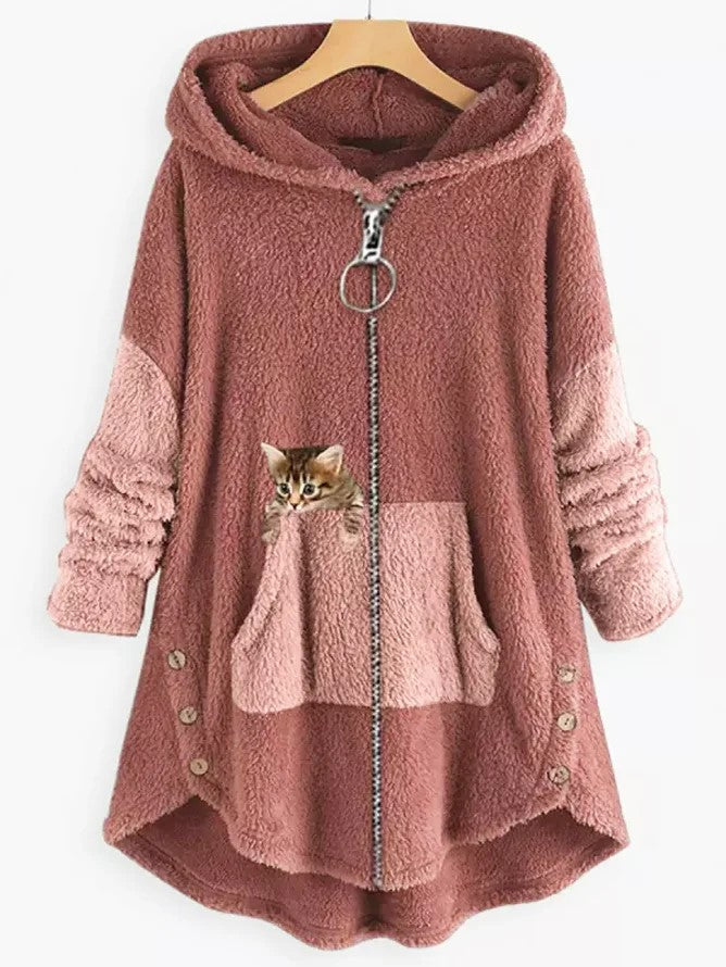 LM | Cozy fleece hooded jacket with adorable cat print