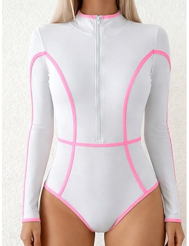 Swimwear One Piece Briefs Swimsuit Zip Up Patchwork Vacation Beach Wear Color Block High Neck Long Sleeve Bathing Suits