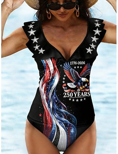 Independence Day American Swimwear Tankini High Cut Swimsuit Active Vacation Graphic V Neck Sleeveless Bathing Suits