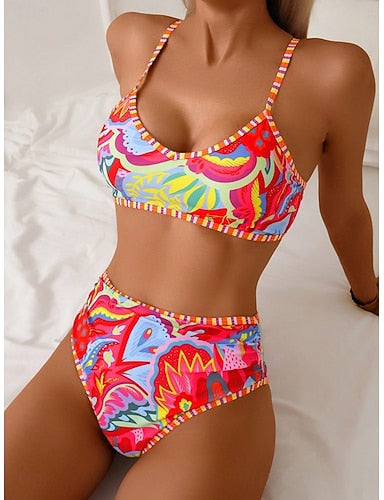 Swimwear Bikini 2 Piece Briefs Swimsuit Slim Backless Vacation Beach Wear Color Block Scoop Neck Sleeveless Bathing Suits