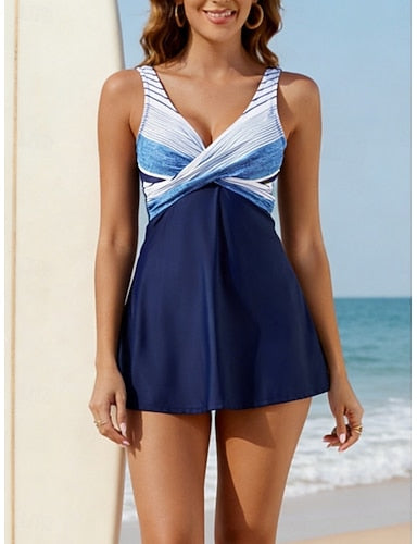 Tankini 2 Piece Swimsuit Cheeky Tummy Control High Waist Slim Backless Vacation Beach Wear Graphic Geometric V Neck Sleeveless Bathing Suits