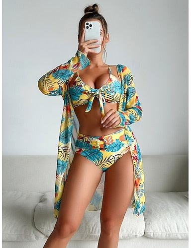 Bikini 3 Piece Swimsuit Palm Briefs Slim Backless Vacation Beach Wear V Neck Sleeveless Long Sleeve Bathing Suits