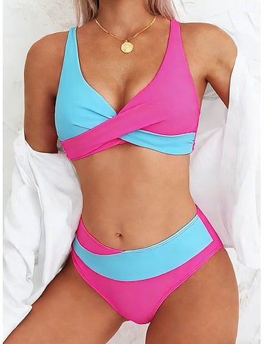 Swimwear Bikini Cheeky Swimsuit Vacation Graphic Color Block V Neck Sleeveless Bathing Suits