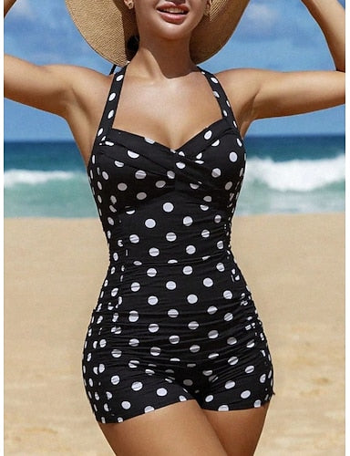 Swimwear One Piece Monokini Swimsuit Tummy Control High Waist Slim Backless Vacation Polka Dot Halter Neck Sleeveless Bathing Suits