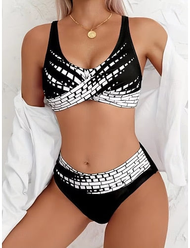 Bikini 2 Piece Swimsuit High Waist Stylish Graphic Striped V Neck Sleeveless Bathing Suits
