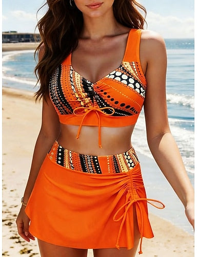 Swimwear Bikini 2 Piece Skirt Swimsuit Tummy Control High Waist Slim Backless Vacation Graphic Geometic V Neck Sleeveless Bathing Suits
