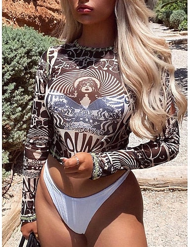 Bikini 3 Piece Swimsuit High Cut Slim Backless Vacation Beach Wear Graphic Round Neck Sleeveless Long Sleeve Bathing Suits