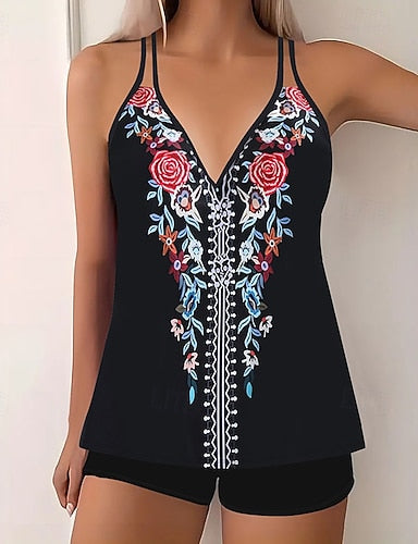 Swimwear 2 Piece Shorts Swimsuit Backless Vacation Beach Wear Graphic V Neck Sleeveless Bathing Suits