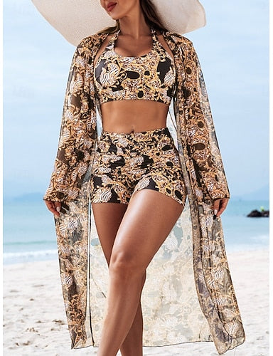 Bikini 3 Piece Swimsuit Shorts Slim Backless Vacation Beach Wear Halter Neck Sleeveless Bathing Suits