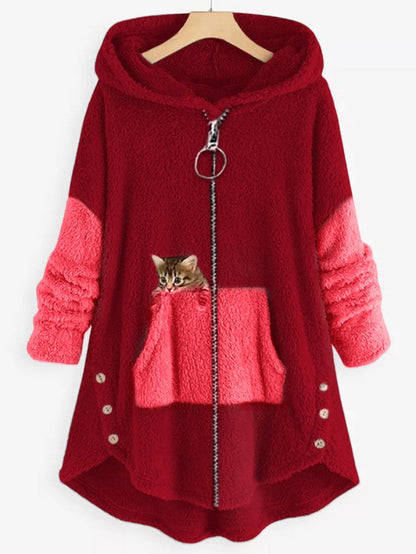 LM | Cozy fleece hooded jacket with adorable cat print