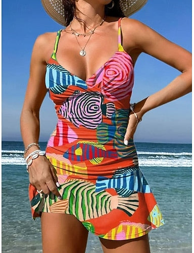 Swimwear One Piece Skirt Swimsuit Knit Vacation Graphic Geometric V Neck Sleeveless Bathing Suits