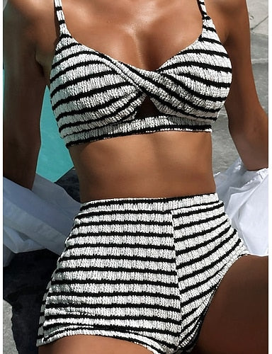 Bikini 2 Piece Swimsuit Underwire Briefs Slim Backless Vacation Striped V Neck Sleeveless Bathing Suits