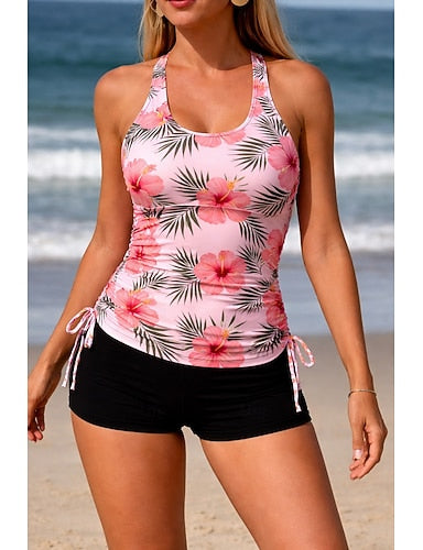 Swimwear Tankini 2 Piece High Waist Swimsuit Tummy Control High Waist Slim Backless Vacation Beach Wear U Neck Sleeveless Bathing Suits