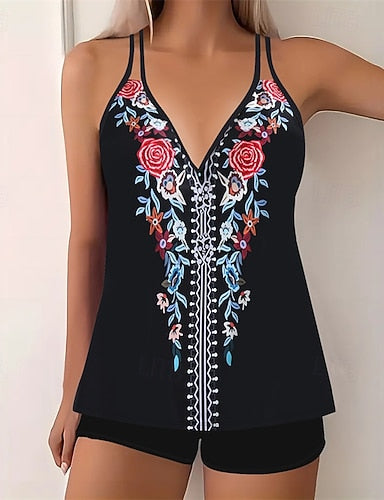 Tankini Two Piece Swimsuit V Neck Swimwear Swimwear Black Purple Breathable Quick Dry Lightweight Sleeveless - Swimming Surfing Beach Summer Spring