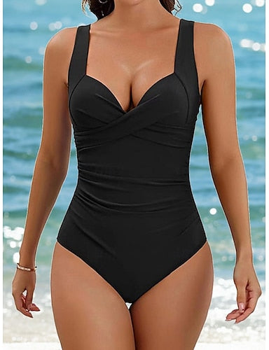 Swimwear One Piece Monokini Swimsuit Ruched Tummy Control High Waist Backless Vacation Beach Wear Color V Neck Sleeveless Bathing Suits