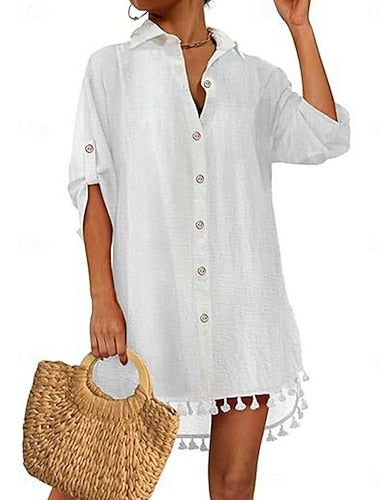 Mini Dress White Dress Beach Dress Black Dress Shirt Dress Classic Daily Outdoor Beach Loose Fit Plain 3/4 Length Sleeve Shirt Collar Black White Summer Spring