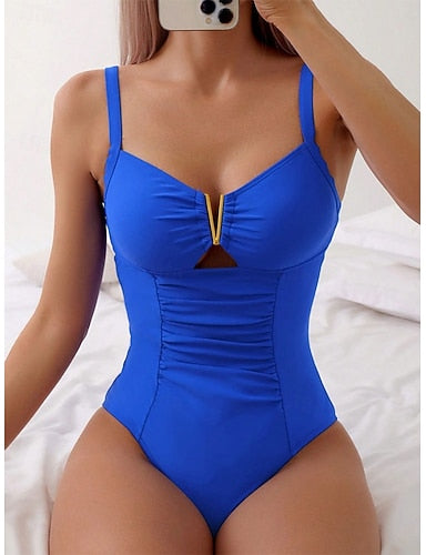 One Piece Swimsuit Slimming Ruched Cutout Underwire Monokini High Cut Tummy Control High Waist Slim Backless Vacation Color V Neck Sleeveless Bathing Suits