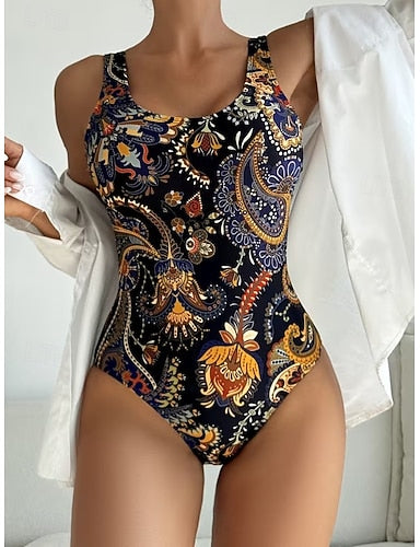 One Piece Swimsuit Slimming Briefs Beach Wear Summer Graphic Paisley U Neck Sleeveless Bathing Suits