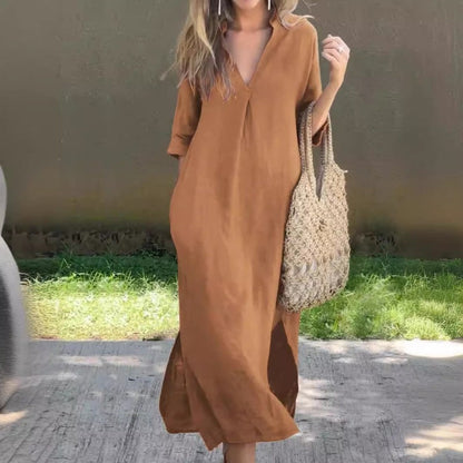 LM | Linen dress with V-neck and pocket
