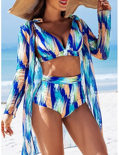 Bikini 3 Piece Swimsuit Shorts Slim Backless Vacation Beach Wear Color Block V Neck Sleeveless Bathing Suits
