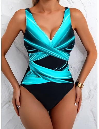 One Piece Swimsuit Slimming Ruched Colorblock Briefs Active Vacation V Neck Sleeveless Bathing Suits