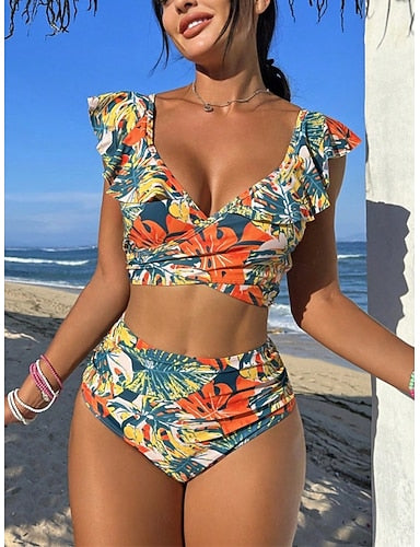 Swimwear Bikini 2 Piece High Waist Swimsuit Ruffle Slim Backless Vacation Beach Wear Tropical V Neck Sleeveless Bathing Suits