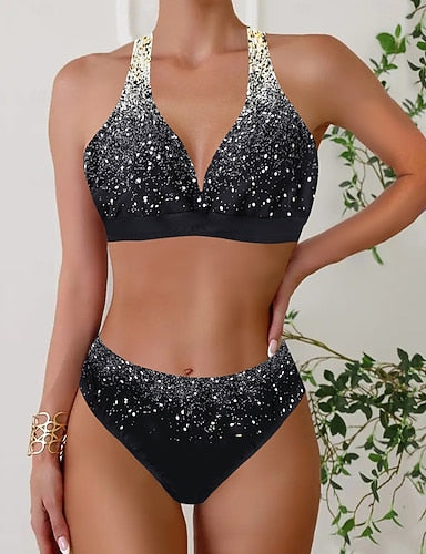 Swimwear Bikini Tankini 2 Piece Cheeky Swimsuit Deep V Push Up Knitted Vacation Tropical Color Block Plunge Sleeveless Bathing Suits