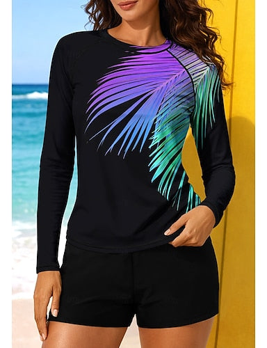 Regular Rash Guard Swimsuit Rash Guard Print Swimsuit Tropical Color-blocking 2 Piece Removable Pad Boyleg Uv Sun Protection Upf50+ Uv Protection Long Sleeve Swimwear Sun Shirt