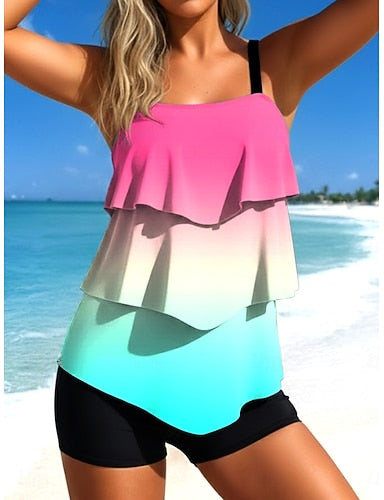 Tankini 2 Piece Swimsuit Colorblock High Waist Ruffle Layered Backless Vacation Beach Wear Ombre Graphic U Neck Sleeveless Bathing Suits