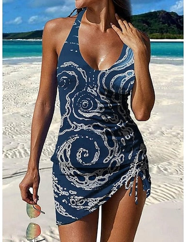 Swimwear One Piece Skirt Swimsuit Vacation Graphic Geometric Sleeveless Bathing Suits