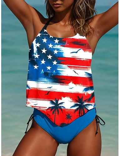 Independence Day Patriotic Patriot Veteran Swimsuit Tankini 2 Piece Cheeky Swimsuit Backless Vacation Beach Wear Flag U Neck Sleeveless Bathing Suits