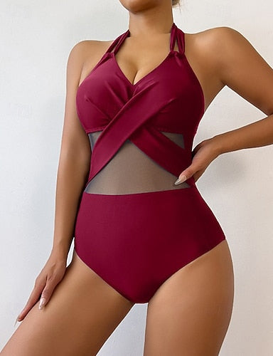 Bathing Suit One Piece Swimsuits Mesh Swimwear Colored Swimwear Blue Black Uv Protection Breathable Sleeveless - Surfing Beach Vacation Summer