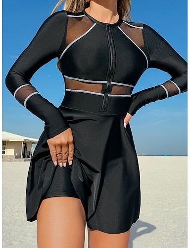 Swimwear One Piece Swimsuit Patchwork Zipper Mesh Vacation Beach Wear Color Block Round Neck Long Sleeve Bathing Suits