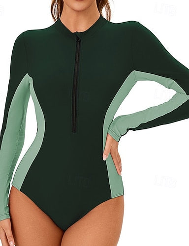 Rash Guard Bathing Suit One Piece Swimsuit Patchwork Zip Up Uv Sun Protection Upf50+ Long Sleeve Swimwear Surfing Swimming Summer