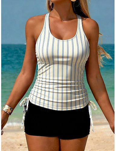 Swimwear Tankini 2 Piece Shorts Swimsuit Tummy Control High Waist Slim Backless Vacation Beach Wear Striped U Neck Sleeveless Bathing Suits