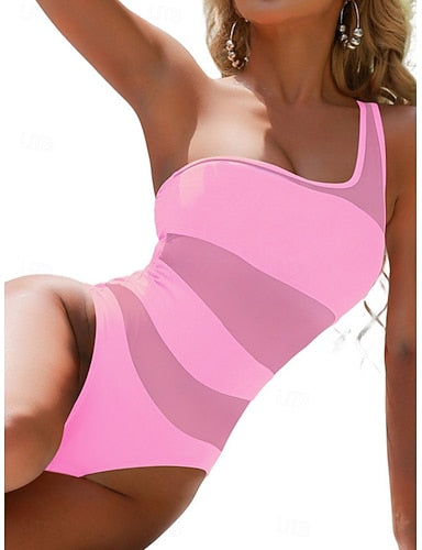 Swimwear One Piece Monokini Swimsuit Mesh Backless Tummy Control High Waist Slim Vacation Beach Wear Color V Neck Sleeveless Bathing Suits