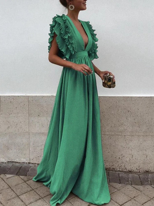 LM | Elegant dress with V-neck and ruffled sleeves