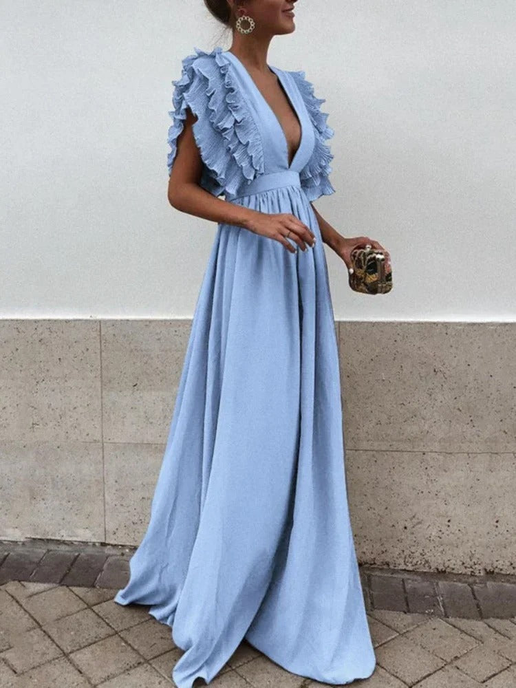 LM | Elegant dress with V-neck and ruffled sleeves