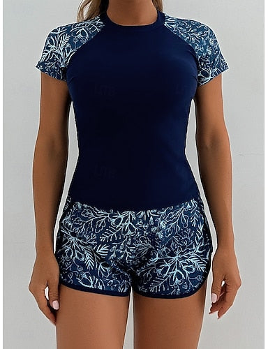 Tankini 2 Piece Swimsuit Palm Shorts Tummy Control High Waist Slim Backless Vacation Beach Wear Leaves Round Neck Short Sleeves Bathing Suits