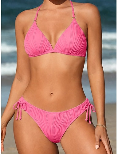 Swimwear Bikini 2 Piece Briefs Swimsuit Backless Vacation Beach Wear Plain Halter Neck Sleeveless Bathing Suits