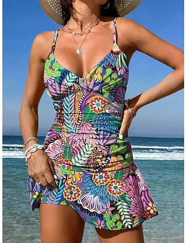 Swimwear One Piece Skirt Swimsuit Vacation Graphic V Neck Sleeveless Bathing Suits