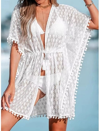 Mini Dress White Dress Beach Dress Cover Up Batwing Sleeve Daily Outdoor Beach Loose Fit Plain Short Sleeve V Neck White Summer Spring