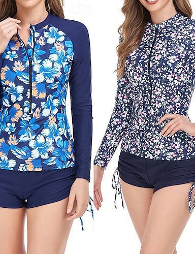 Rash Guard Two Piece Swimsuit Swimsuits Tropical Ruched Side Uv Protection Elastic Long Sleeve Swimwear Surfing Beach Vacation Summer