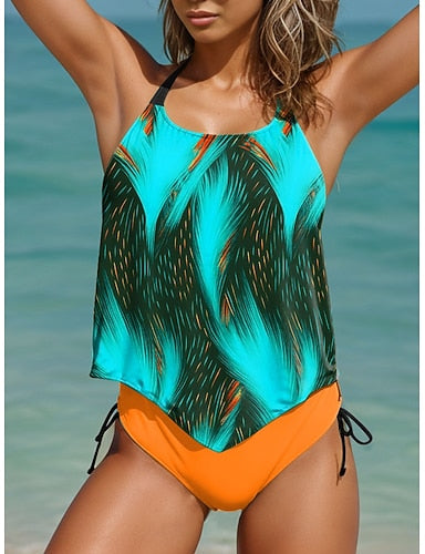 Tankini 2 Piece Swimsuit Cheeky Backless Vacation Beach Wear Ombre Graphic U Neck Sleeveless Bathing Suits