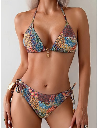 Bikini 2 Piece Swimsuit Tie Side Slim Backless Vacation Beach Wear Color Block Halter Neck Sleeveless Bathing Suits