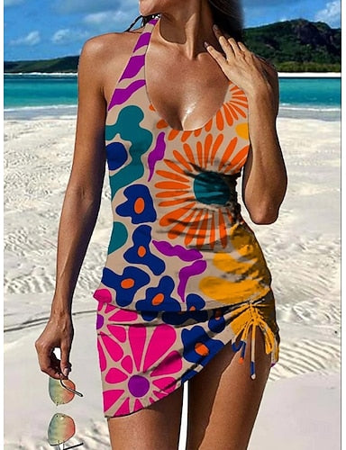 Swimwear One Piece Skirt Swimsuit Vacation Graphic Geometric Sleeveless Bathing Suits