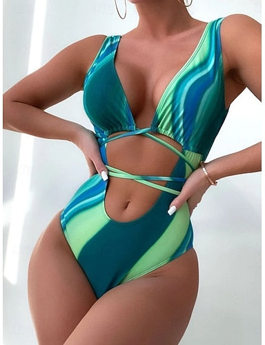 Swimwear One Piece Monokini Swimsuit Tummy Control High Waist Slim Backless Vacation Beach Wear Ombre V Neck Sleeveless Bathing Suits