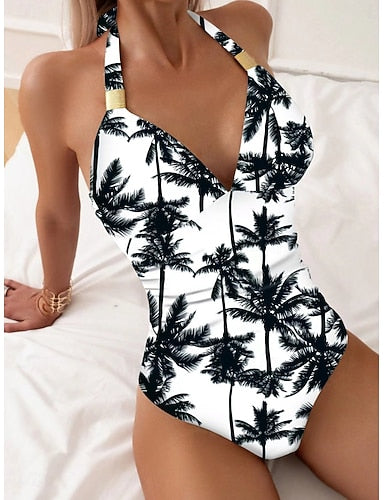 One Piece Swimsuit Slimming Palm Monokini Briefs Tummy Control High Waist Slim Backless Vacation Beach Wear Stripe Halter Neck Sleeveless Bathing Suits