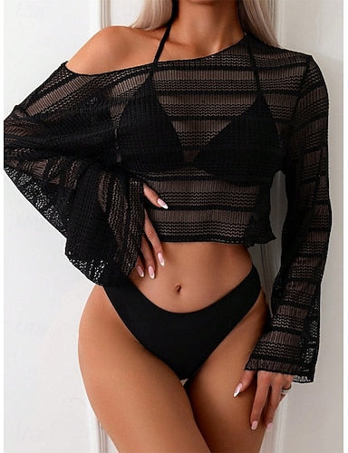 Bikini 3 Piece Swimsuit Cheeky Slim Backless Vacation Beach Wear Color Halter Neck Sleeveless Long Sleeve Bathing Suits